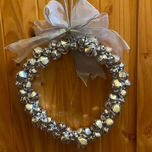 Christmas Jingle Bells Hanging 12" Round Wreath Silver Tone Metal Gray Ribbon